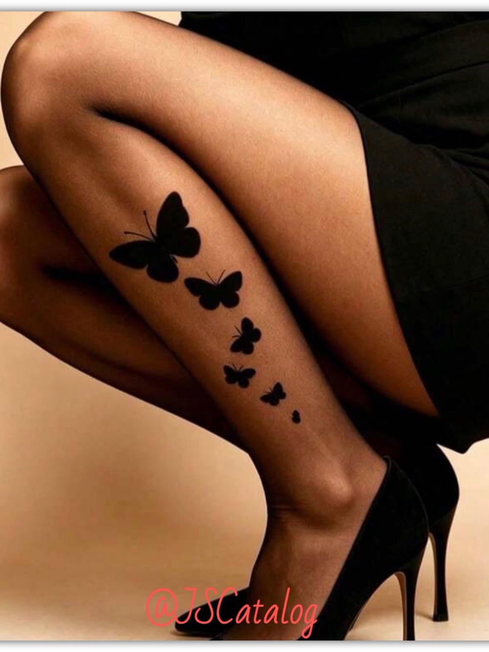 JSCatalog Black Sheer Tights with Cascading Butterfly Accents
